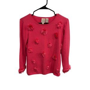 F.L. Malik Pom-Pom Sweater Pink Sz Medium Crewneck 3/4 Sleeve Cozy Barbiecore
